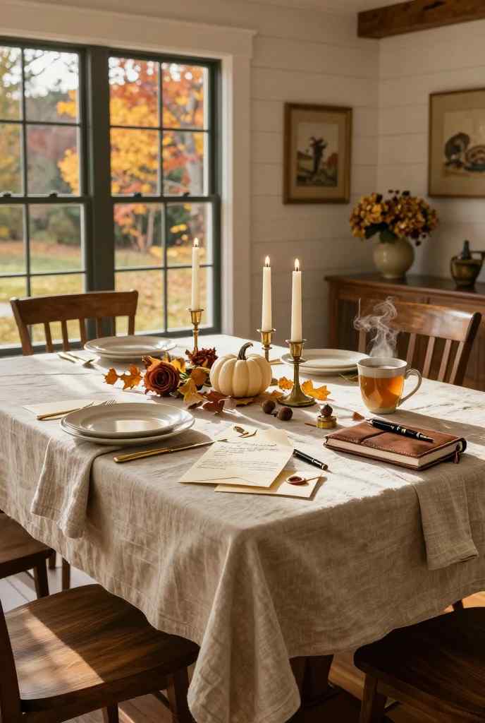 Cozy autumn writing table with tea, journal and peaceful fall dining decor