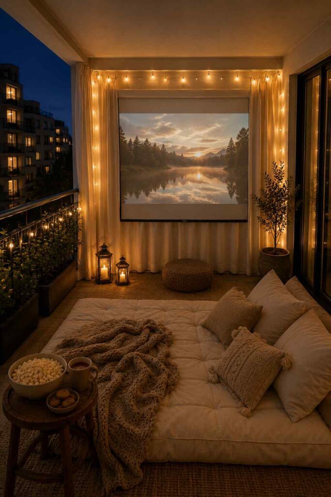 Outdoor movie theater balcony setup with a large projector screen, floor mattress, and warm fairy lights.
