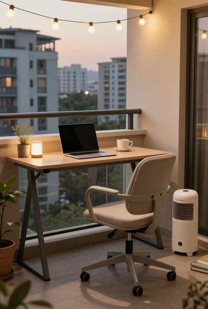 Outdoor balcony workspace setup with a simple wooden desk, rolling office chair, and hanging Edison bulbs.