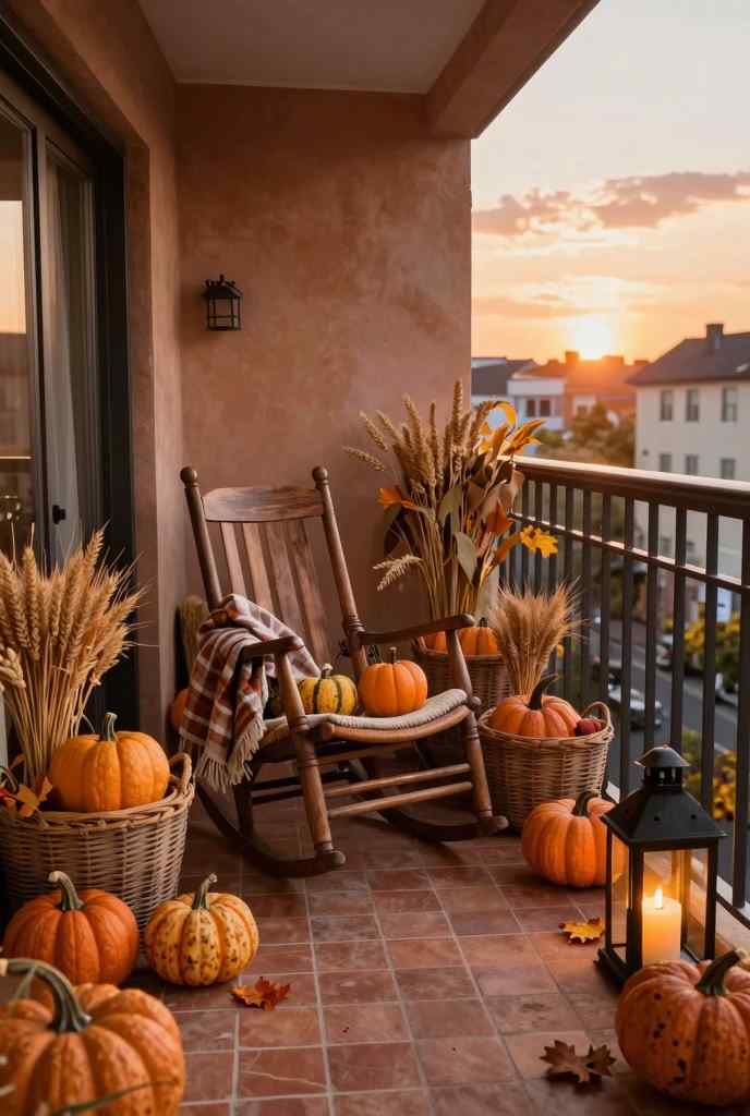 Autumn porch balcony decoration with a wooden rocking chair, large wicker baskets, and plenty of orange pumpkins.