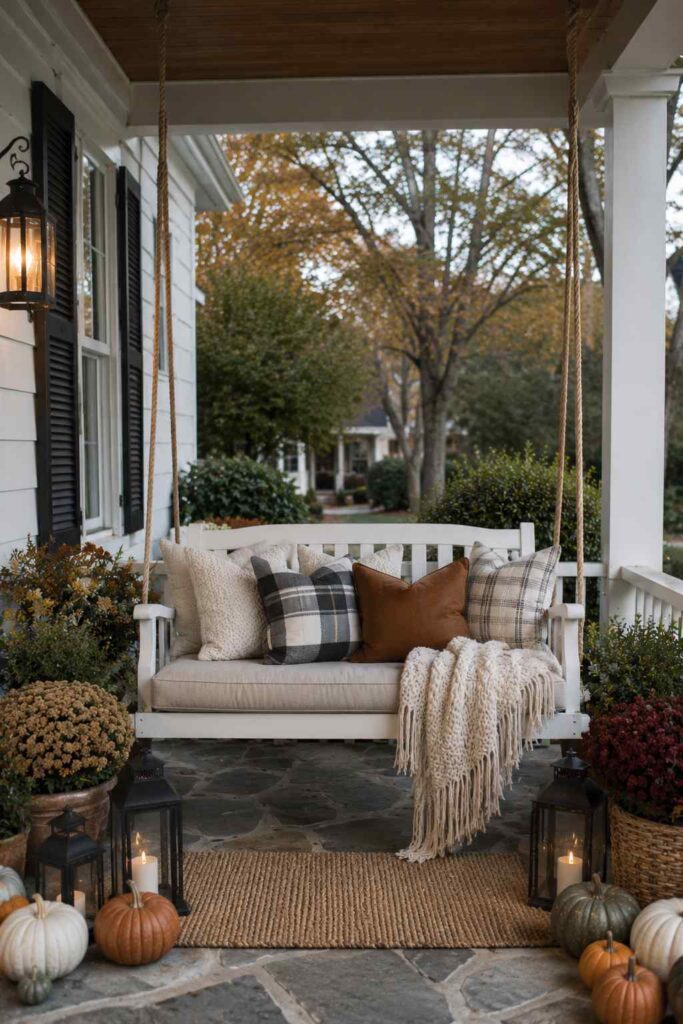 Cozy farmhouse porch swing styled with knit blankets, lanterns and white pumpkins.