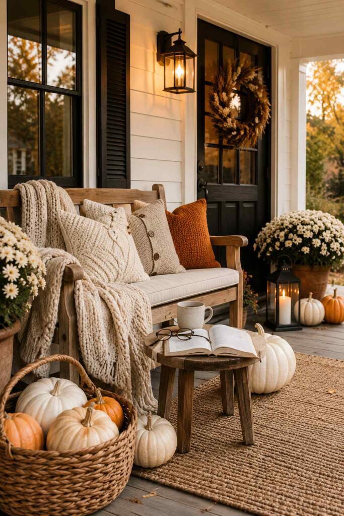 cozy fall reading bench setup with , cozy rustic bench woven basket filled with pumpkins and open book 