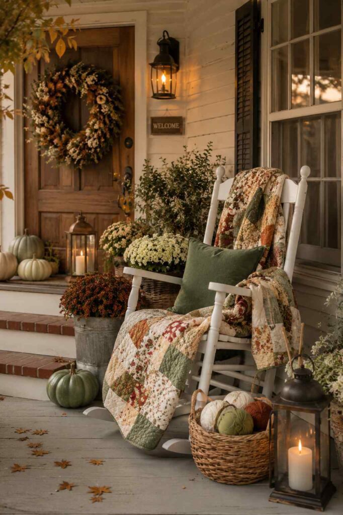 White rocking chair styled with a handmade autumn quilt, lantern and basket of yarn.