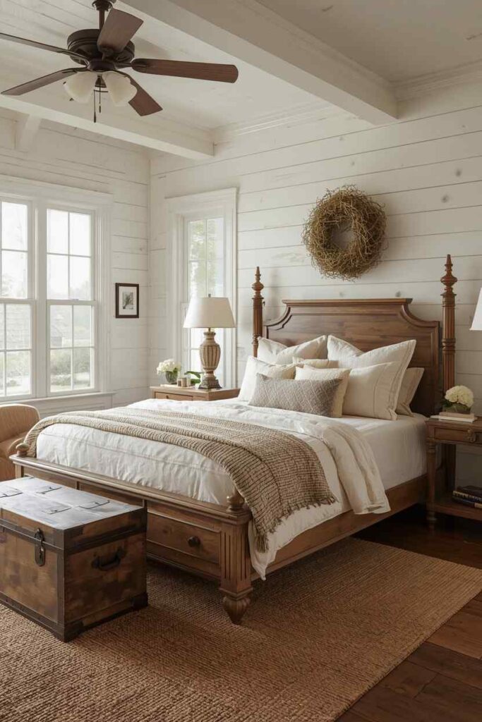 17 Vintage Bedroom Ideas That Feel Cozy, Elegant & Timeless 7 Neutral rustic farmhouse vintage bedroom with whitewashed shiplap walls, a classic ceiling fan, woven baskets, and a cozy cream linen duvet cover.