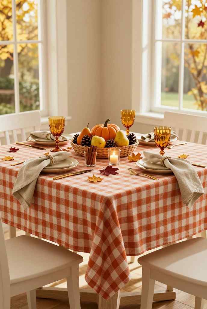 Gingham fall breakfast table with pumpkins, mugs and cozy farmhouse style