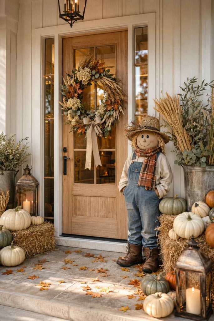 Elegant farmhouse front porch with a handcrafted scarecrow, wheat bundles and white pumpkins.