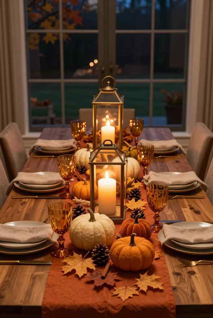 Lantern candle centerpiece with pumpkins on a cozy fall dining table