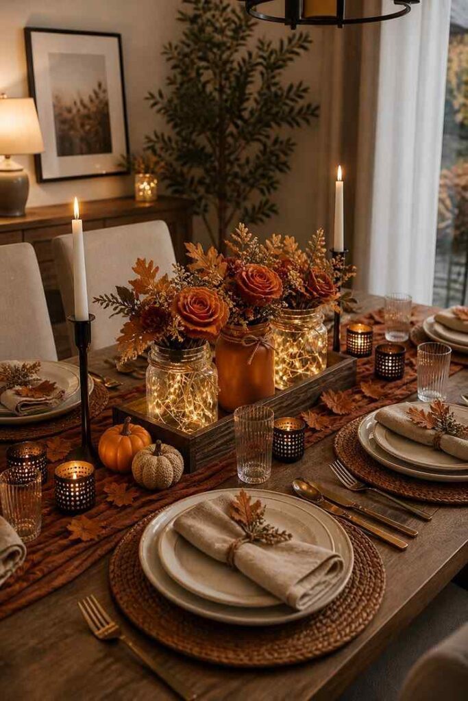 Mason jar candle centerpiece with warm autumn dining table decor