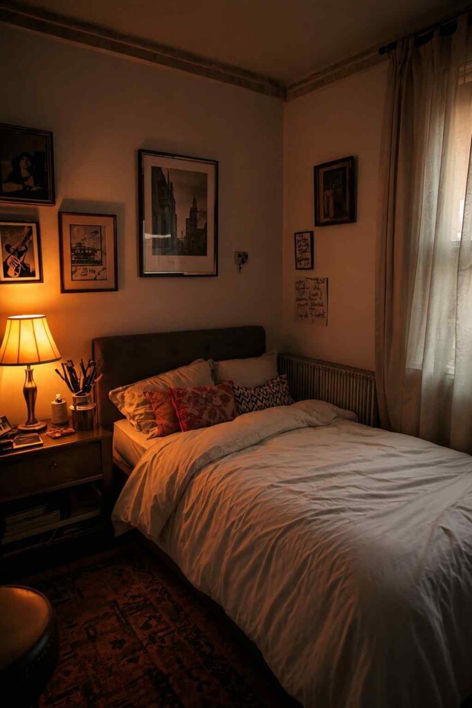 17 Vintage Bedroom Ideas That Feel Cozy, Elegant & Timeless 8 Moody vintage apartment bedroom at night with deep dark walls, a tiny bedside table lamp casting warm golden glow, and a small cozy bed setup.