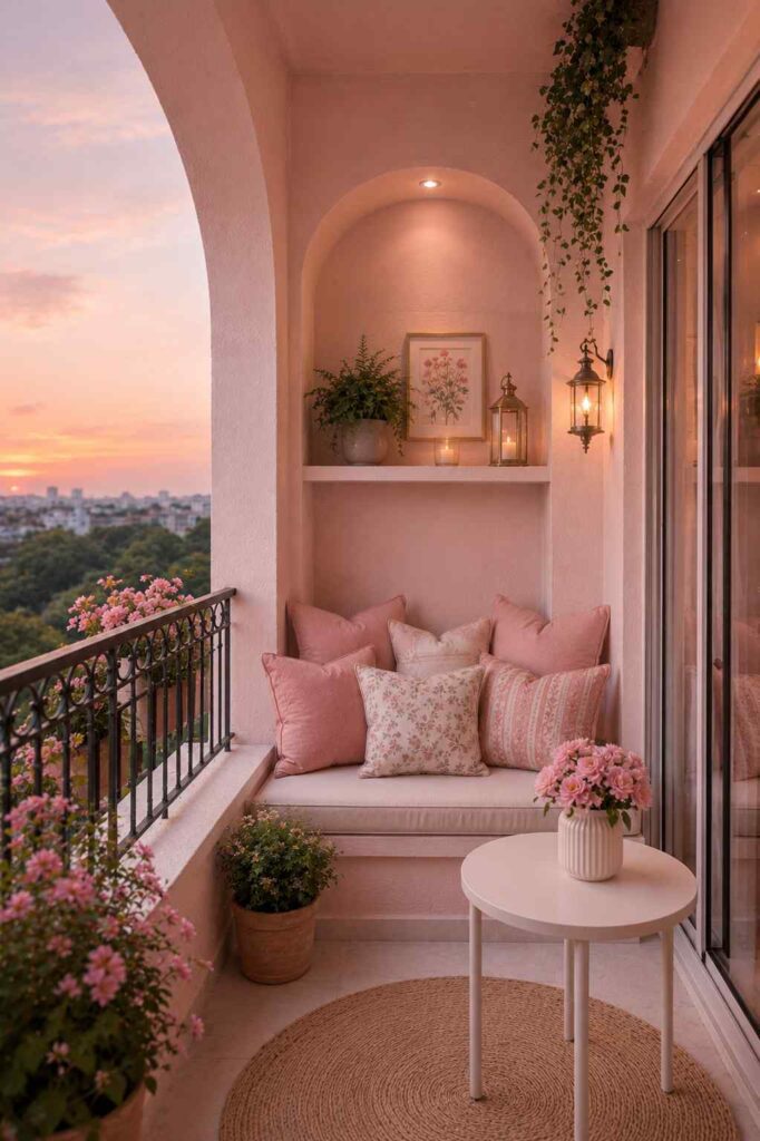 Minimalist narrow balcony featuring a built-in arch seating nook styled with soft blush pink pillows.