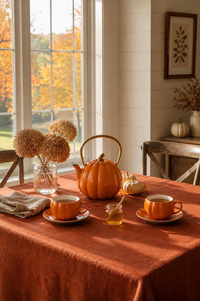 Cozy pumpkin tea table with warm drinks and elegant autumn centerpiece