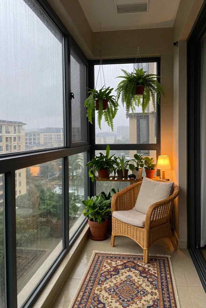 Enclosed high-rise balcony with floor-to-ceiling glass windows, a wicker chair, and lush hanging ferns.