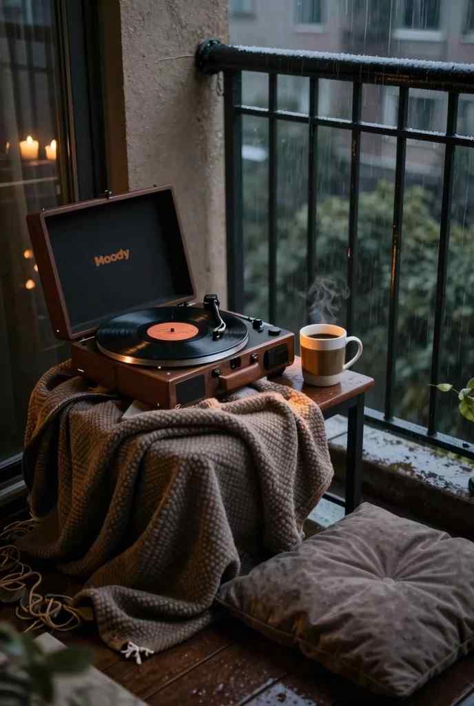 Cozy covered rainy day balcony setup with a vintage briefcase record player on a bench and a heavy knit blanket.