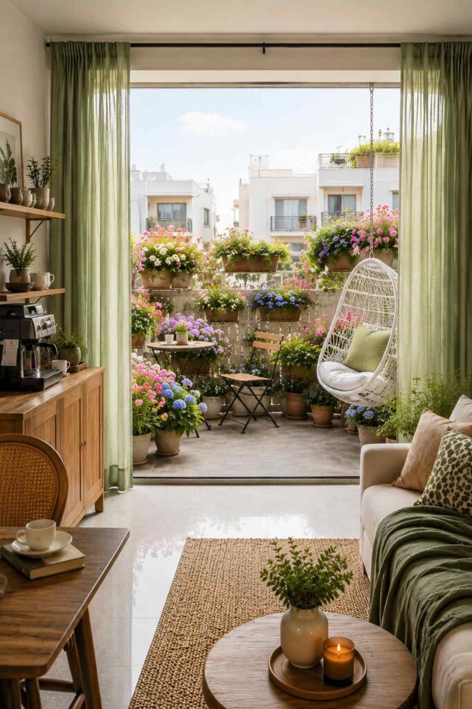 Lush apartment balcony packed with colorful blooming flowers, a cafe table set, and sheer sage green curtains.