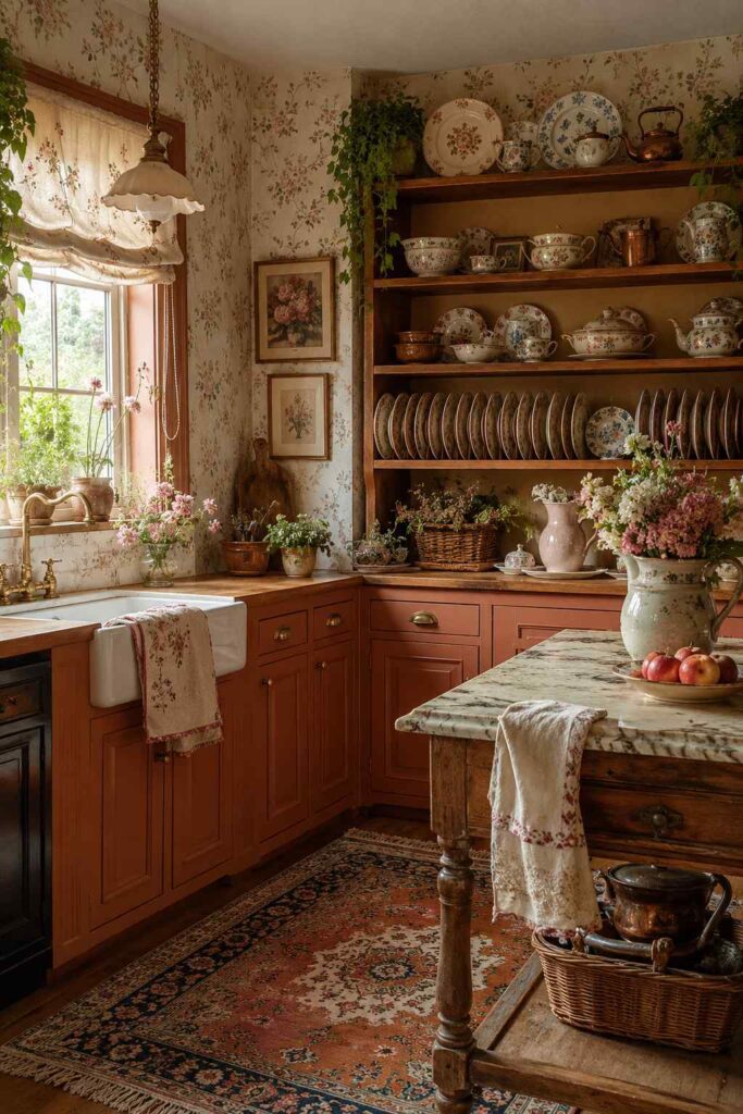 Terracotta cottagecore kitchen with rustic textures, cozy lighting and vintage farmhouse details.