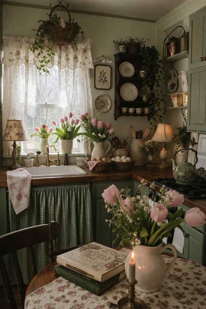 Vintage cottagecore kitchen with cozy decor, antique-inspired details and warm inviting atmosphere.