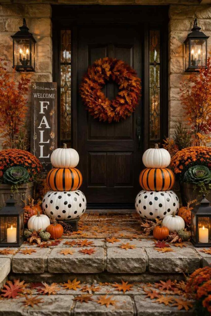 Layered white and neutral pumpkins create an elegant farmhouse porch display.