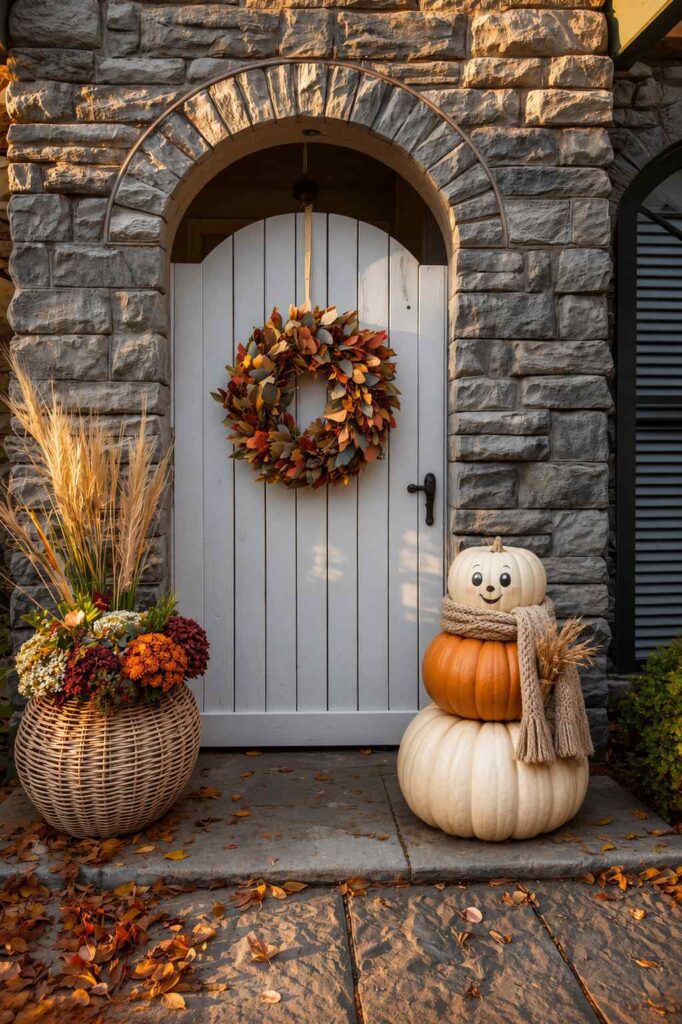 Cute stacked pumpkin buddy decoration beside a charming cottage-style fall front door.