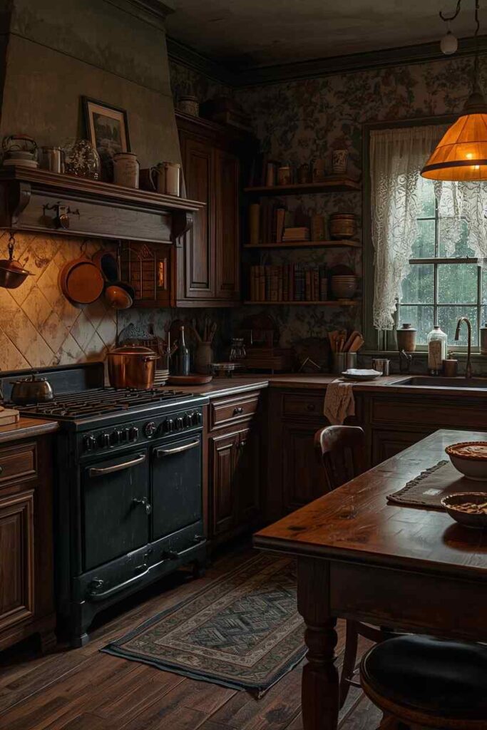 Dark cozy cottagecore kitchen with warm lighting, vintage details and moody farmhouse charm.