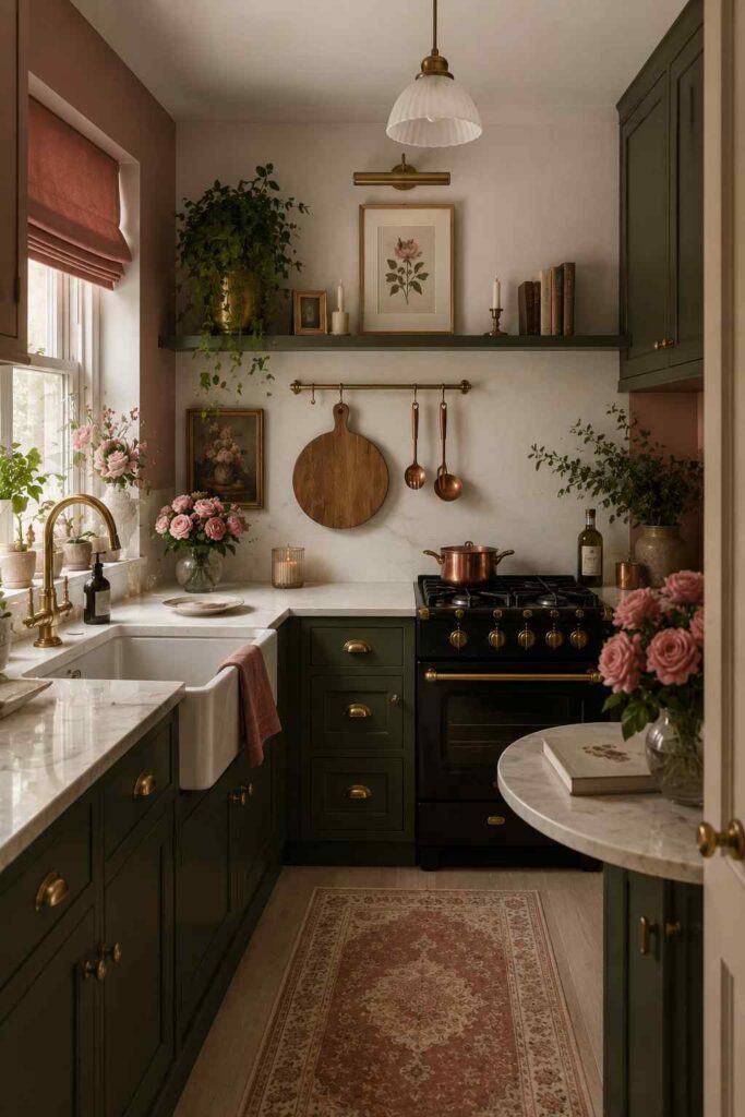 Dark green cottagecore kitchen with rust-colored accents, cozy lighting and vintage-inspired details.