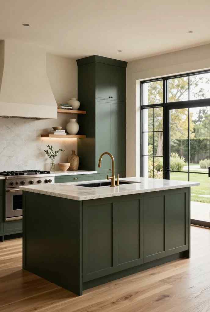Elegant dark green Japandi kitchen with brass faucet, marble countertops, and warm oak flooring