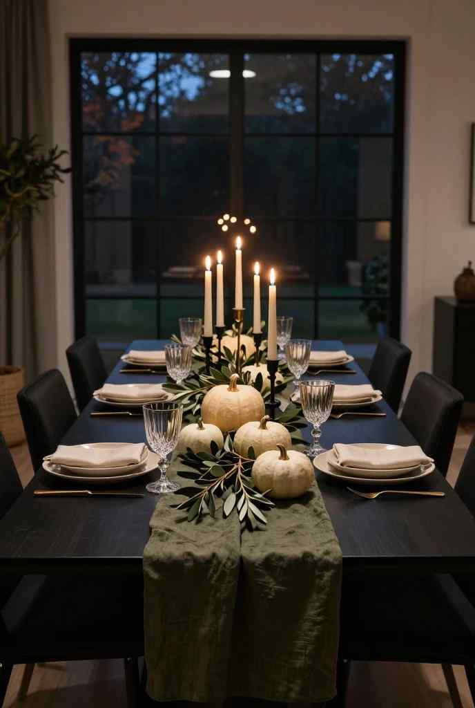 Dark moody fall dining table with dramatic candlelight and elegant autumn decor