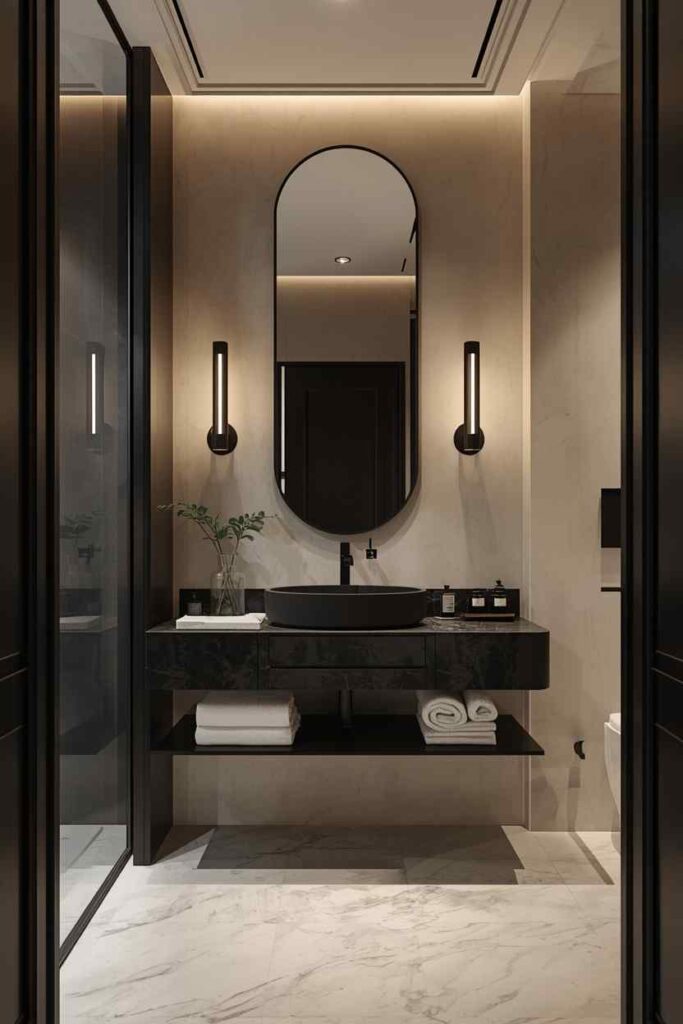 17 Cozy Bathroom Ideas to Create a Warm and Relaxing Retreat 15 Modern black and beige bathroom with a floating black vanity, oval mirror, warm wall sconces, and a minimalist luxury design.