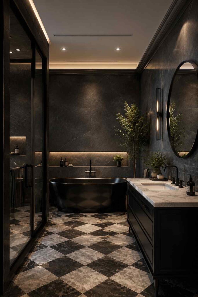 17 Cozy Bathroom Ideas to Create a Warm and Relaxing Retreat 3 Elegant black marble bathroom with a checkerboard floor, luxury vanity, and sophisticated lighting.