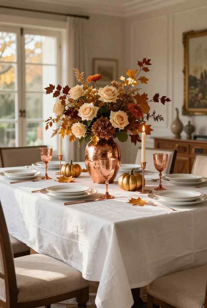 Elegant copper vase centerpiece with fall flowers and pumpkins on a dining table