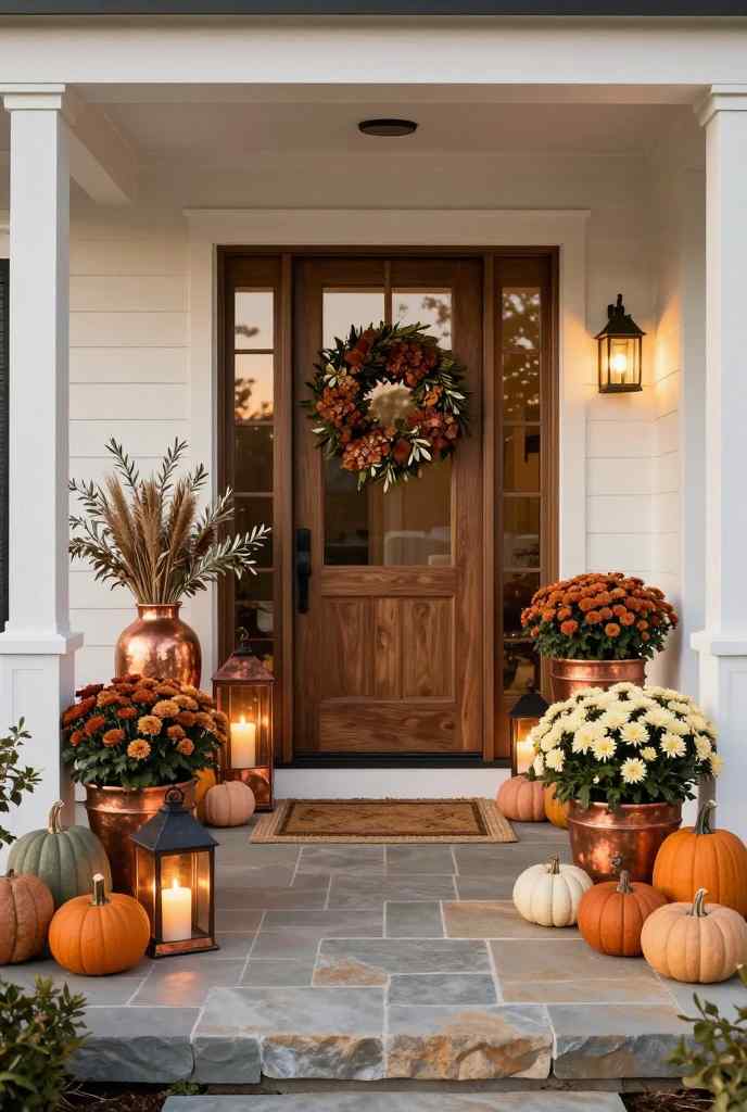 Copper planters filled with mums, pumpkins and lanterns decorate a cozy fall porch.