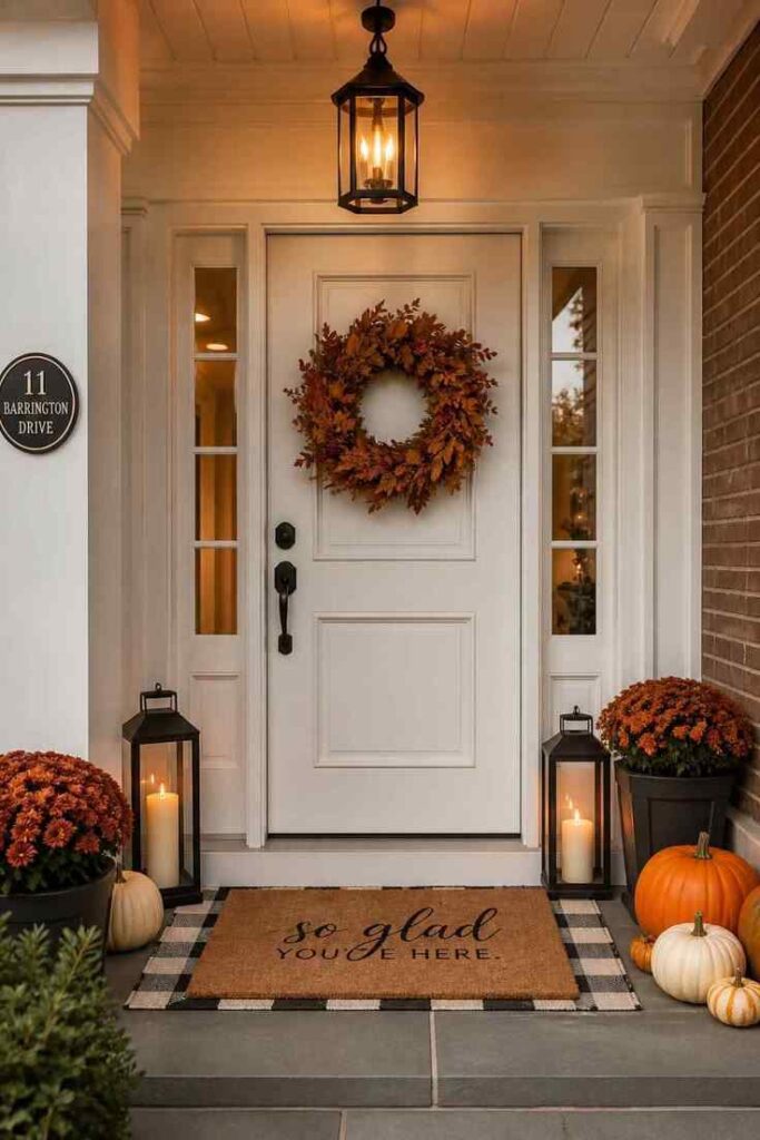 Neutral autumn front porch with ivory pumpkins, lanterns and seasonal flowers.