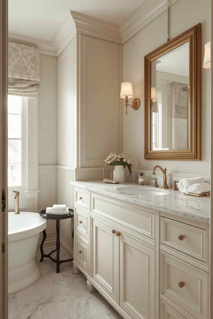 17 Cozy Bathroom Ideas to Create a Warm and Relaxing Retreat 14 Transitional bathroom with classic wall molding, marble finishes, and a timeless vanity design.