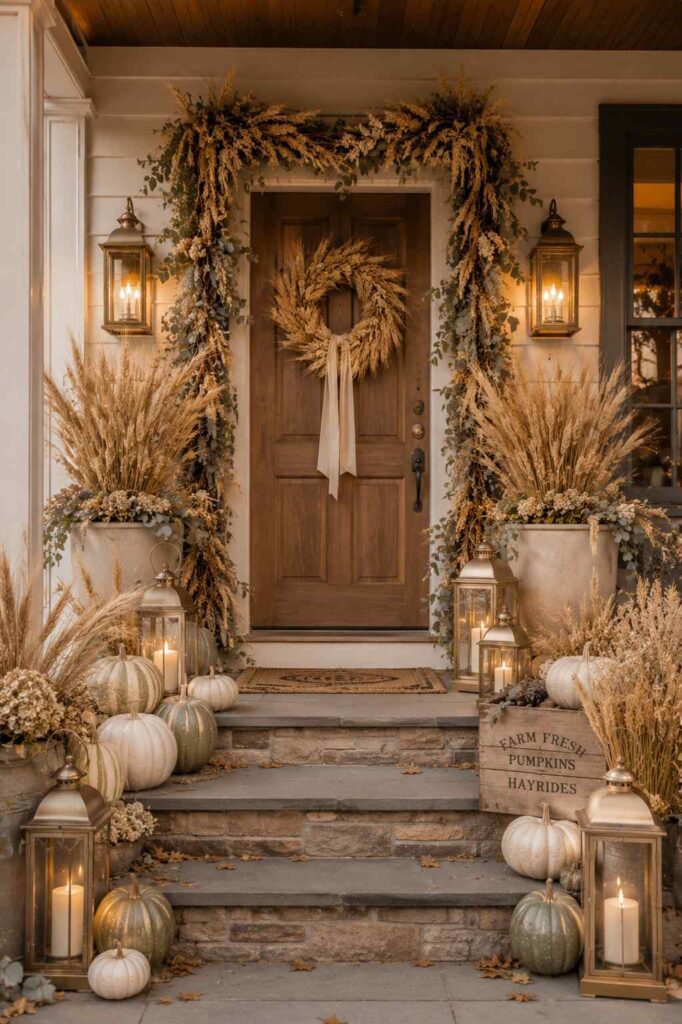 Farmhouse front porch decorated with oversized wheat bundles and brass lanterns.