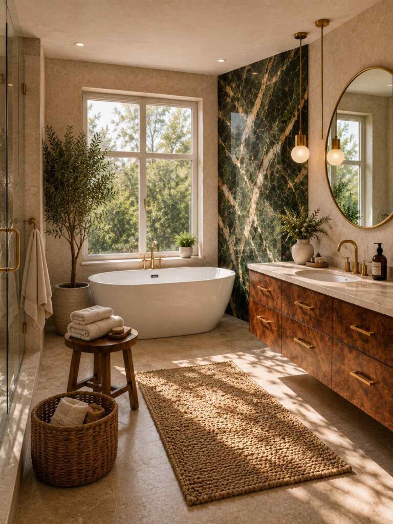 17 Cozy Bathroom Ideas to Create a Warm and Relaxing Retreat 1 Cozy bathroom with a dramatic emerald marble accent wall, warm walnut vanity, and elegant brass fixtures.