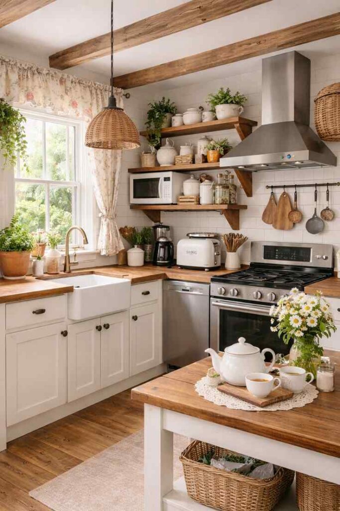 Elegant English cottagecore kitchen with open shelves, rustic wood accents and cozy vintage decor.