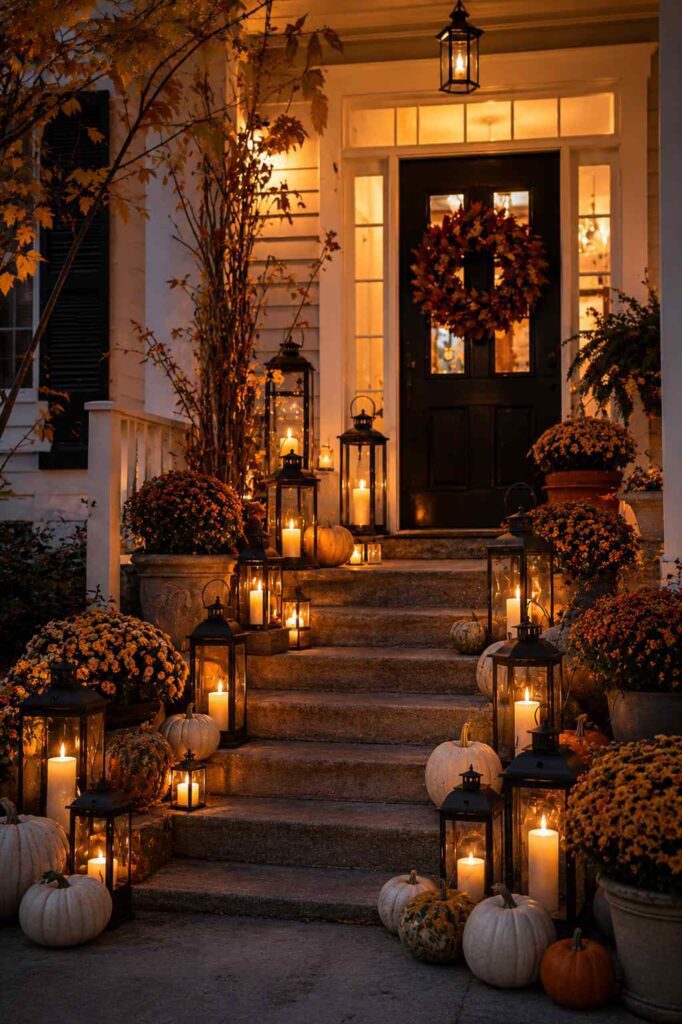 Warm candlelit farmhouse porch glowing with lanterns during autumn evening.