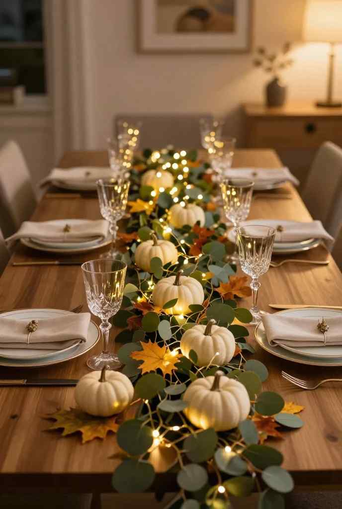 Pumpkin garland with fairy lights creating a cozy fall dining table centerpiece
