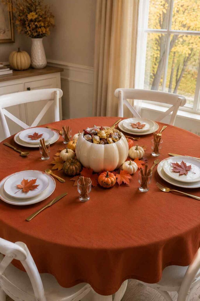 Family-friendly fall table with pumpkin candy bowl, cinnamon sticks and cozy seasonal decor
