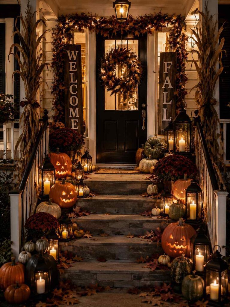 Cozy Halloween porch with glowing carved pumpkins, lanterns and warm candlelight.