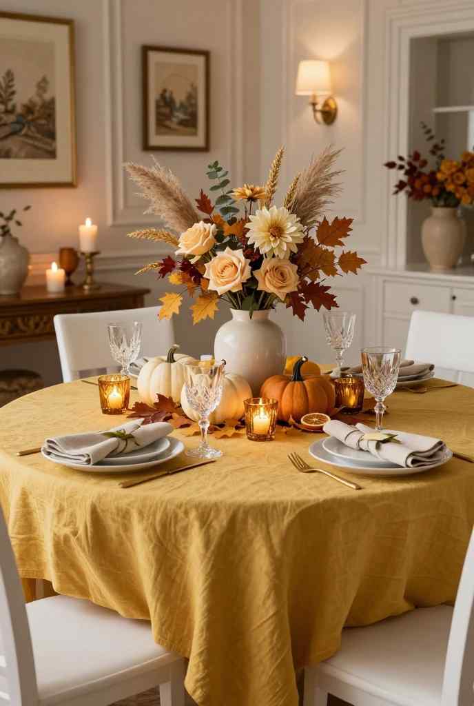 Golden harvest fall dining table with yellow linen and seasonal floral centerpiece