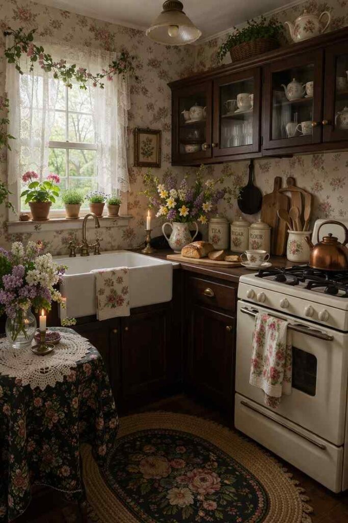 Grandmacore cottagecore kitchen with vintage decor, warm textures and nostalgic cozy charm.