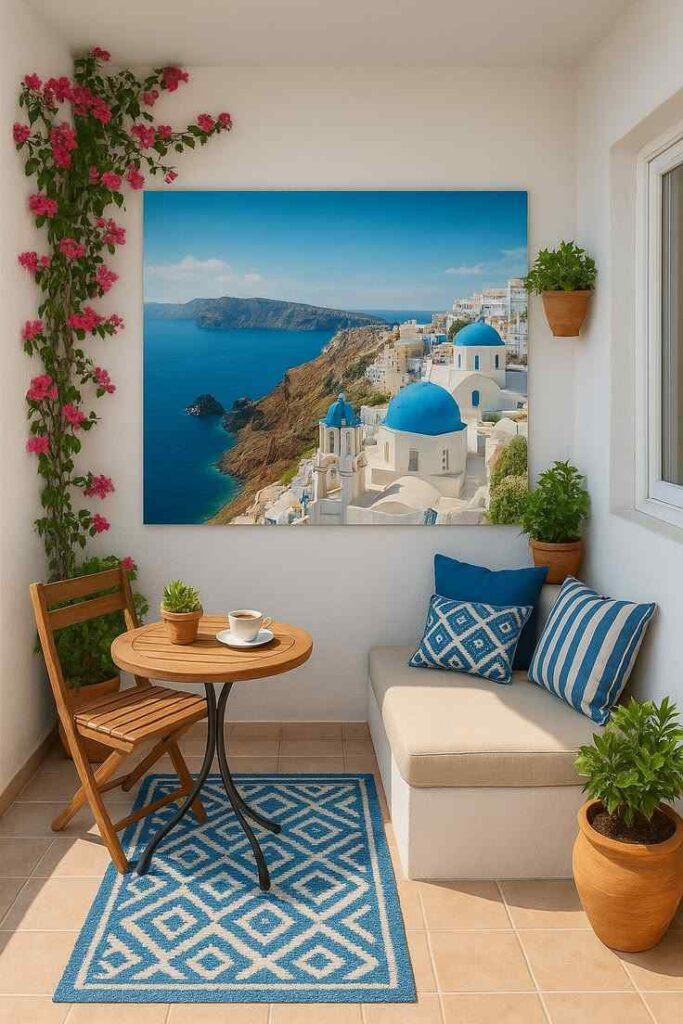 Greek island style balcony featuring a large Santorini painting, a cozy bench, and a cafe style table setup.