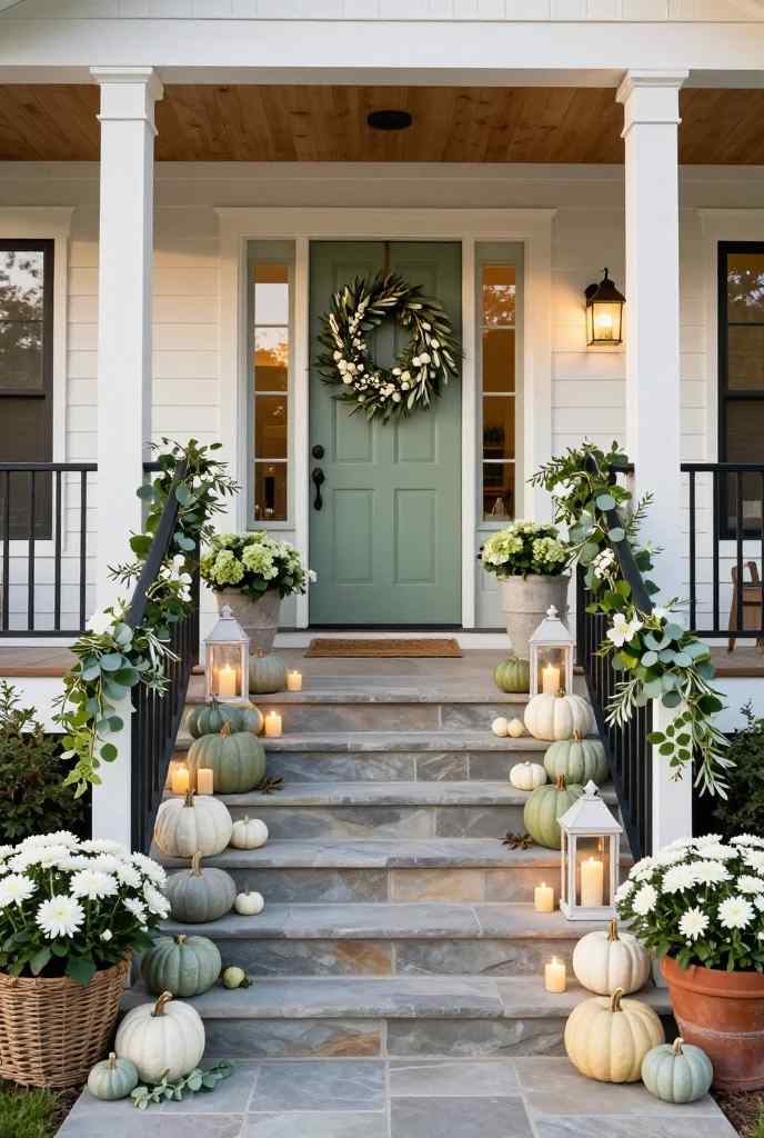 Sage green front porch decorated with eucalyptus garlands, white lanterns and muted pumpkins.