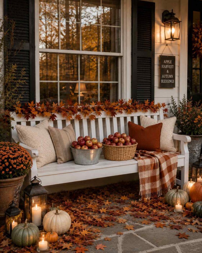 mordern white porch bench styled with apple baskets, plaid throw and cozy harvest decor.