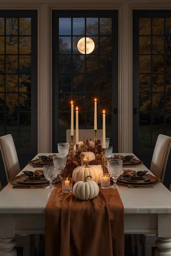 Harvest moon inspired autumn dinner table with candlelight and white pumpkins