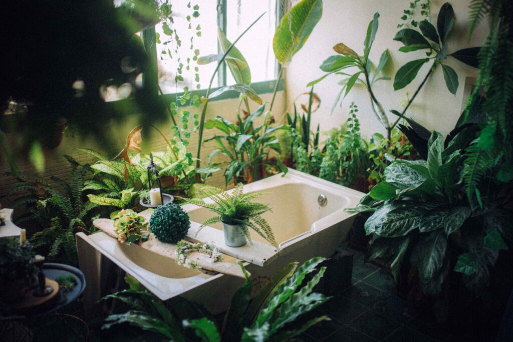 17 Cozy Bathroom Ideas to Create a Warm and Relaxing Retreat 12 Modern bathroom with lush indoor greenery, natural light, and a calming organic atmosphere.