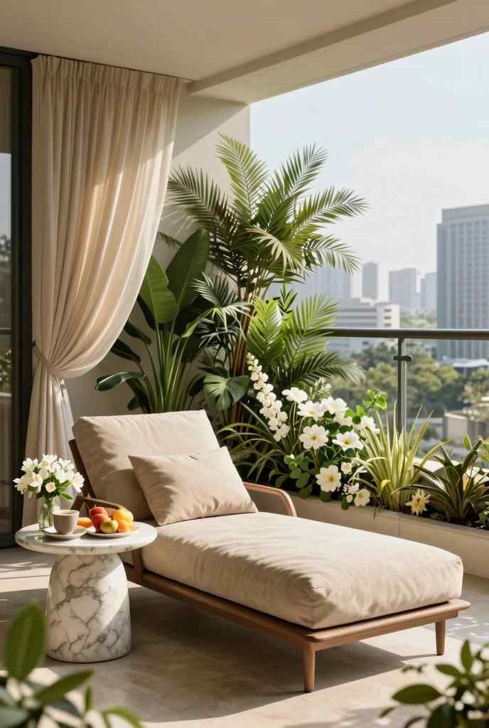 Penthouse balcony resort setup with a cushioned wooden chaise lounge chair and large tropical palm fronds.