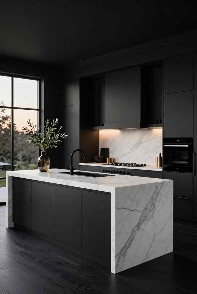 Luxury black Japandi kitchen with matte black cabinetry, a white marble waterfall island, and minimalist American design.