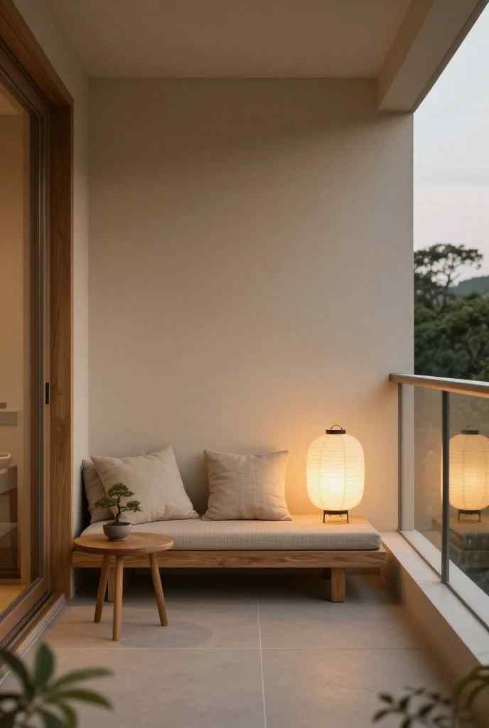 Zen Japandi balcony featuring a clean wooden daybed, beige linen pillows, and a large paper lantern lamp.