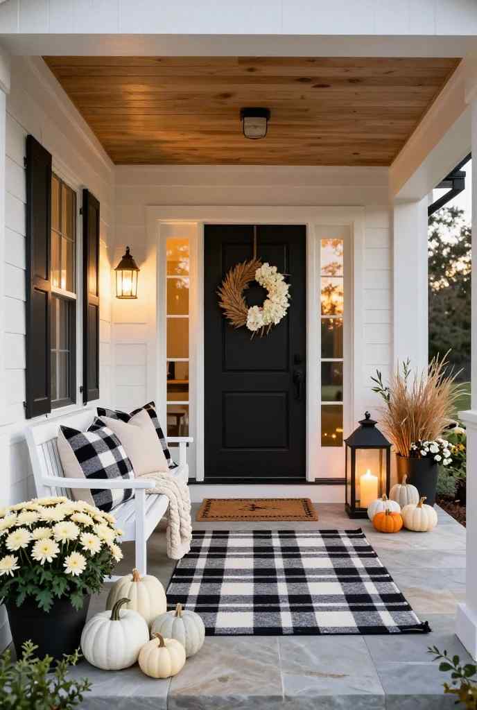 Modern farmhouse porch styled with buffalo check decor, white pumpkins and lanterns.